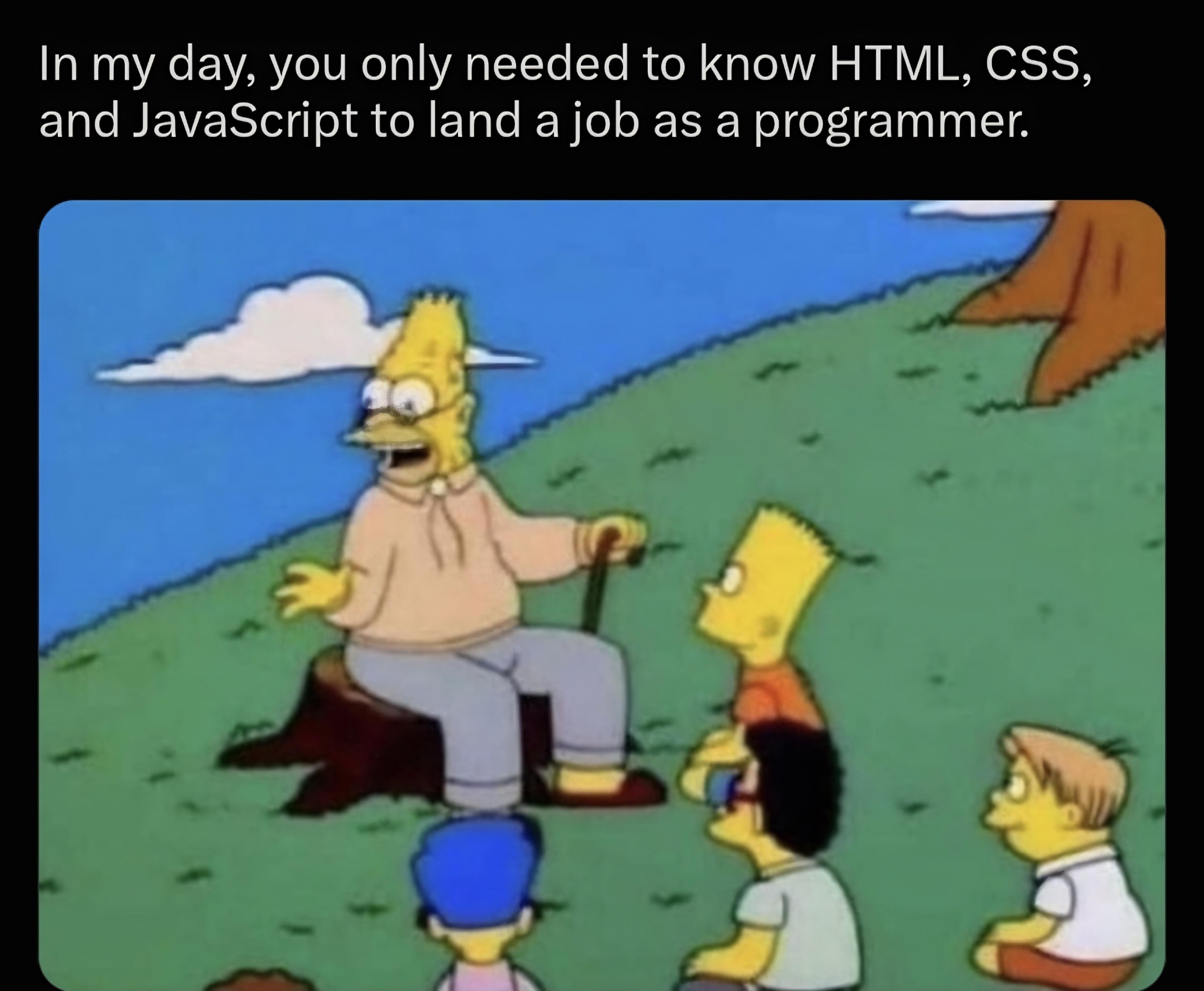 In my day, you only neecled to know HTML, CSS, ancl JavaSeript to land a job as a programmer